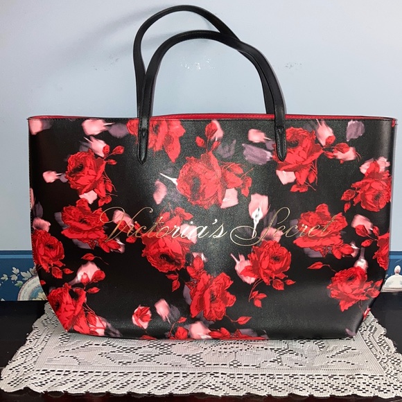 VICTORIA’S SECRET Handbags - VICTORIA’S SECRET large tote bag, black w/ red roses, name in gold. $29